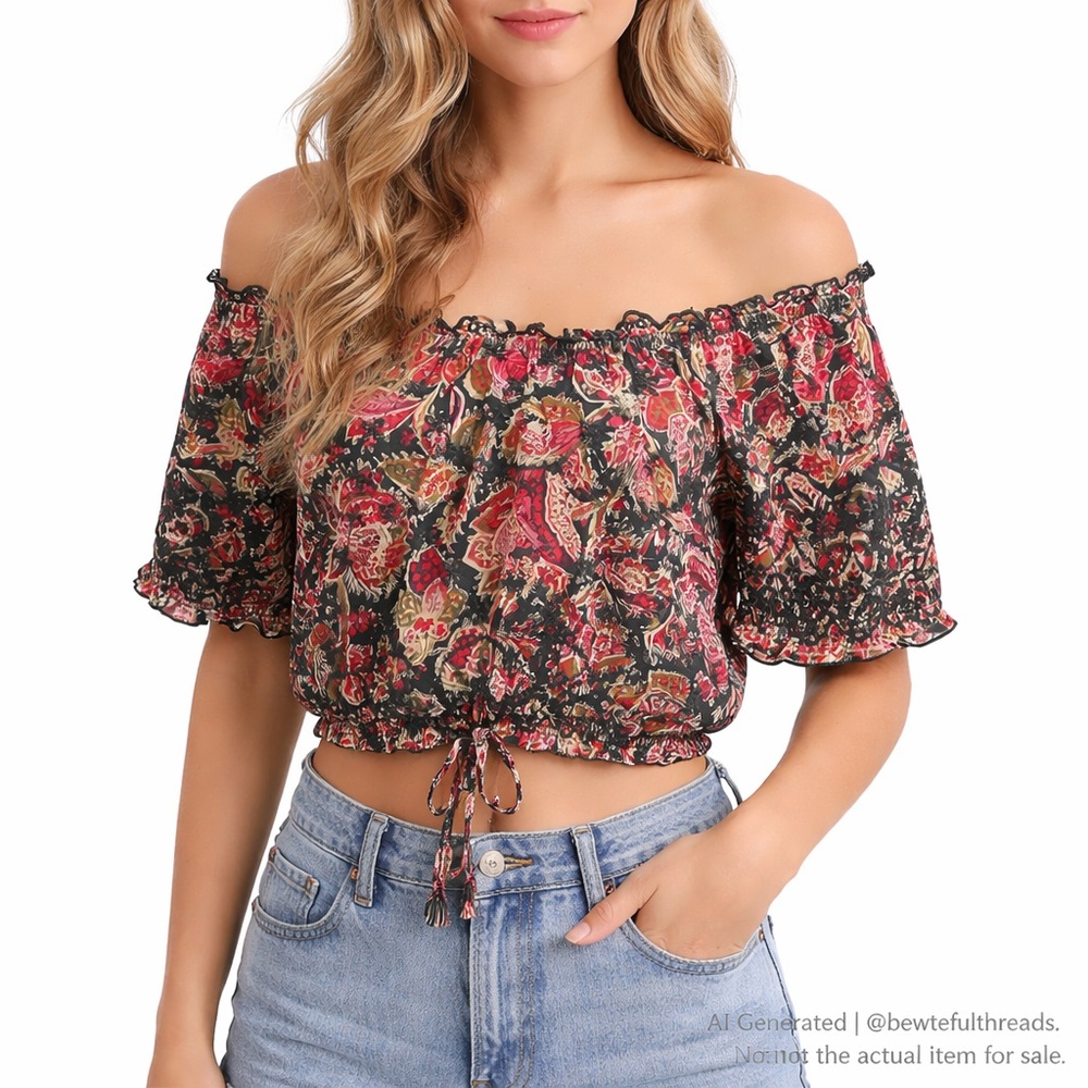 Jennifer & Grace L Boho Paisley Cutwork Off Shoulder Crop Top